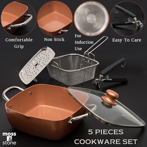 Moss & Stone Copper Chef 5-Piece Cookware Set, Non Stick Deep Frying Pan I72368