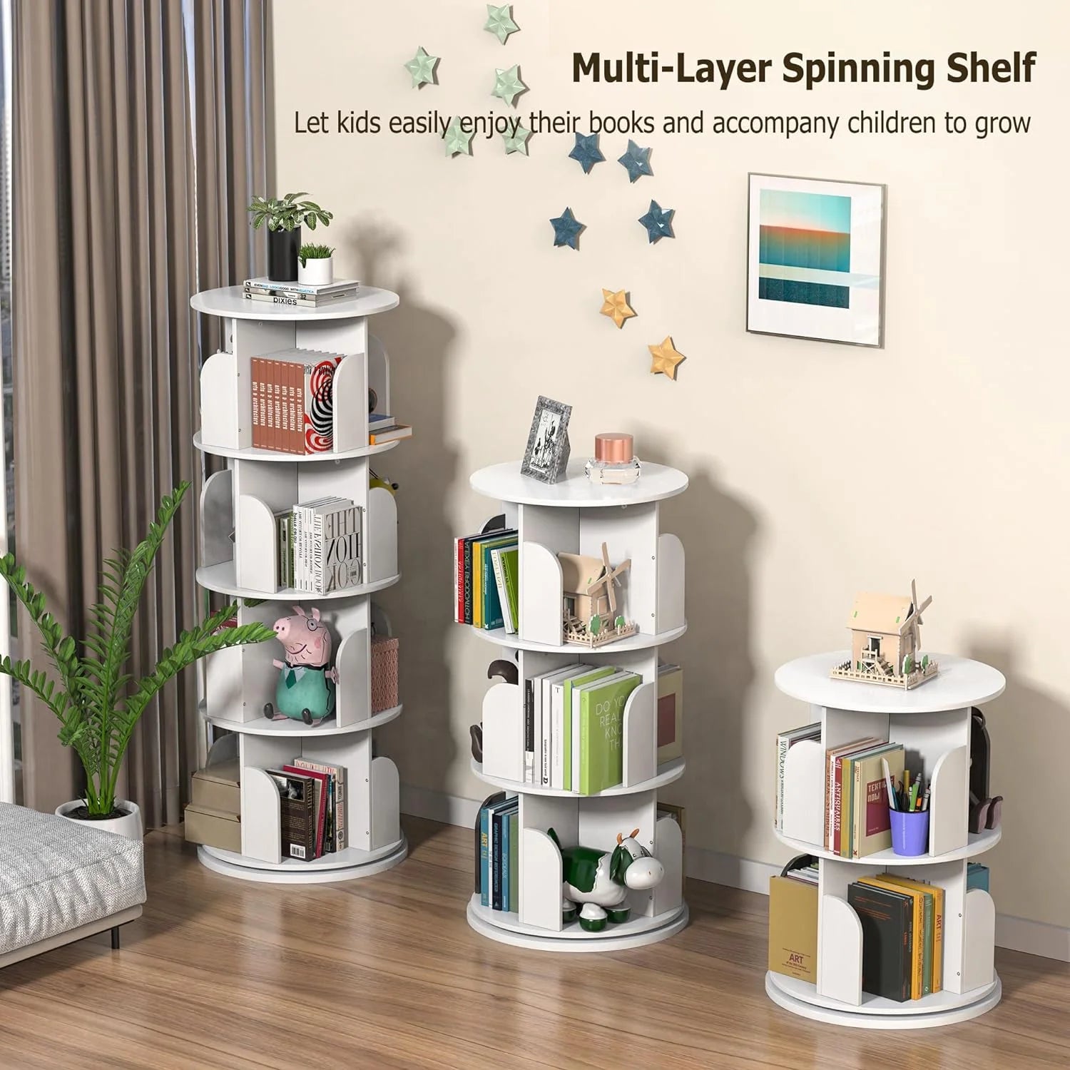 Rotating Bookshelf 4 Tier for Small Space, White H243684