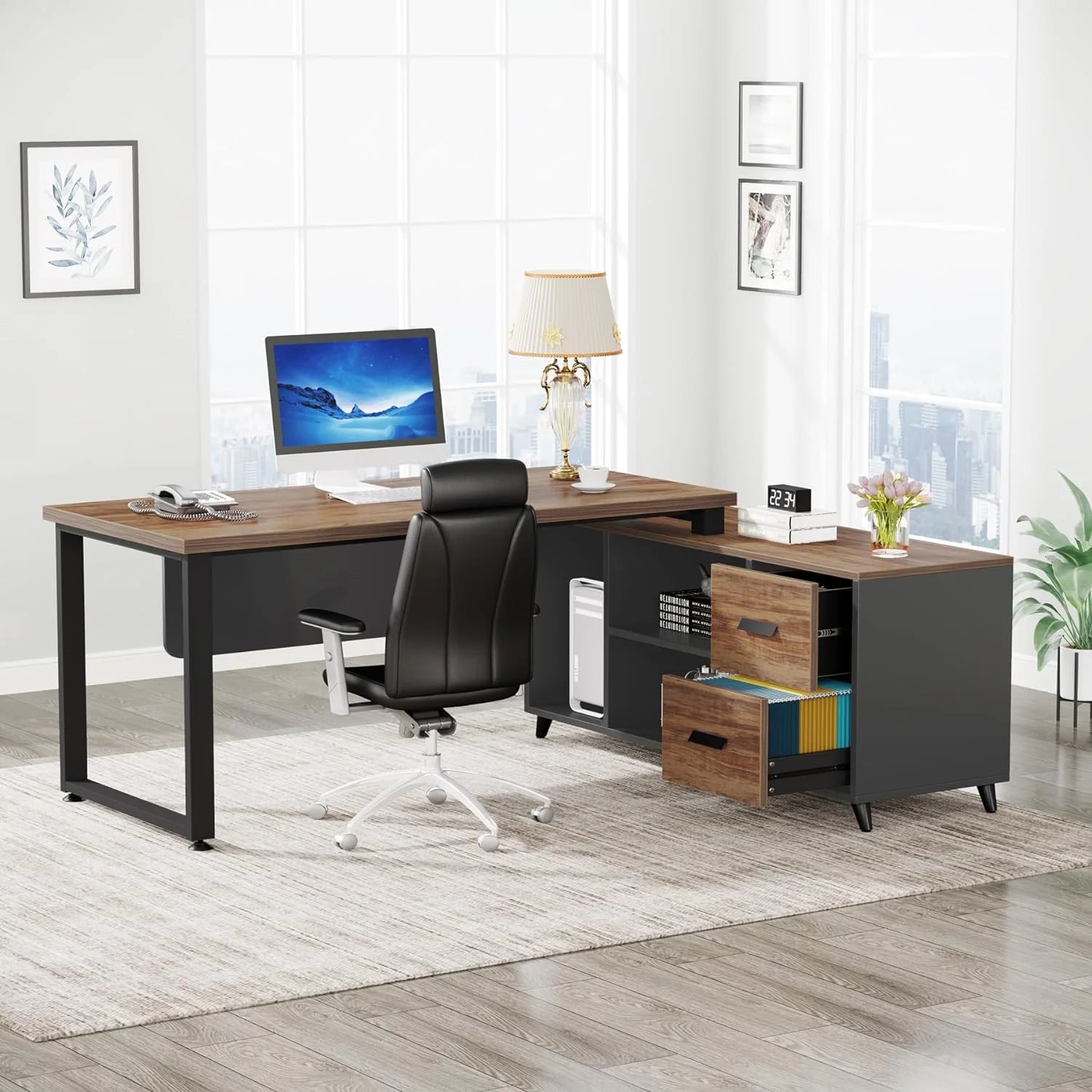 L Shaped Desk with File Drawer, 55 Inch Executive Office Desk T816
