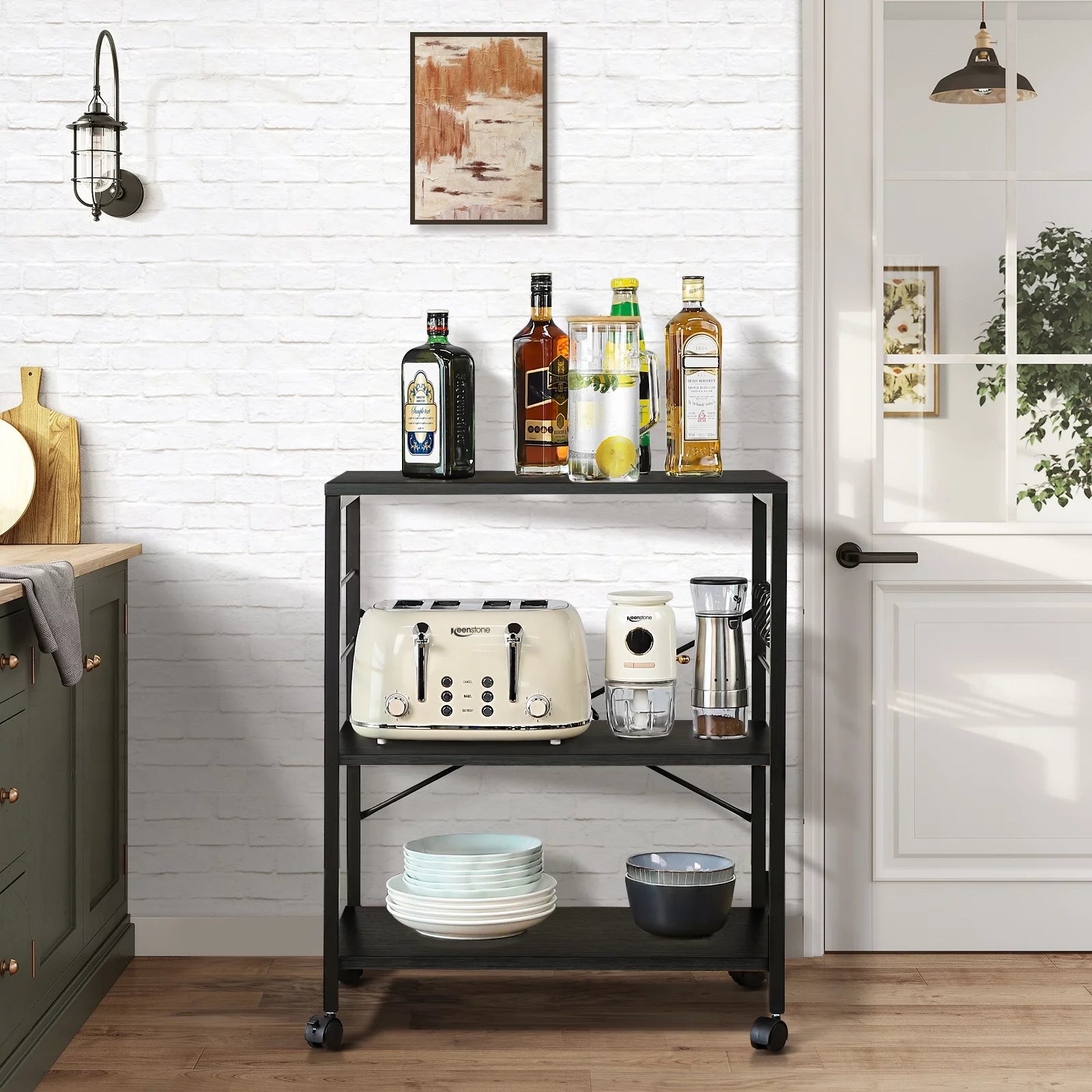Cheflaud Kitchen Microwave Cart, 3-Tier Vintage Rolling Bakers Rack with 5 Hooks V151