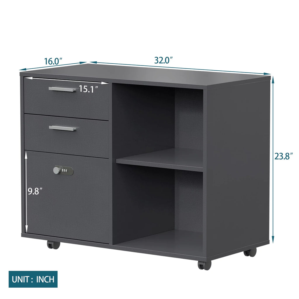 Wood File Cabinet with Coded Lock, Mobile Lateral Printer Stand U113465