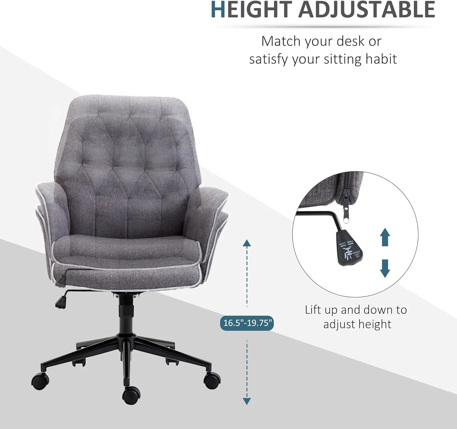 Vinsetto Linen Home Office Chair, Tufted Height Adjustable, Dark Gray L200