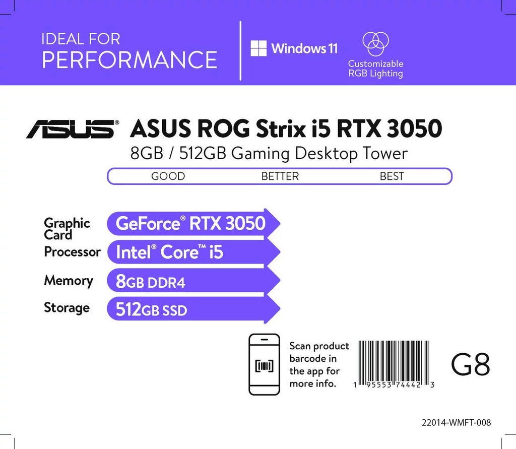 ASUS ROG Strix Intel Core i5 RTX 3050 Desktop, 8GB RAM, 512GB SSD, Gray N199