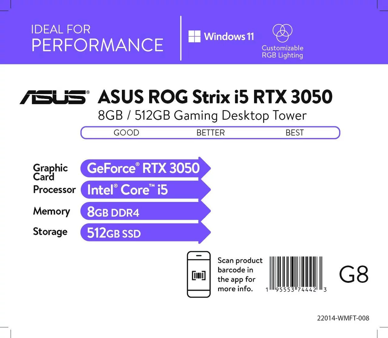 ASUS ROG Strix Intel Core i5 RTX 3050 Desktop, 8GB RAM, 512GB SSD, Gray N199