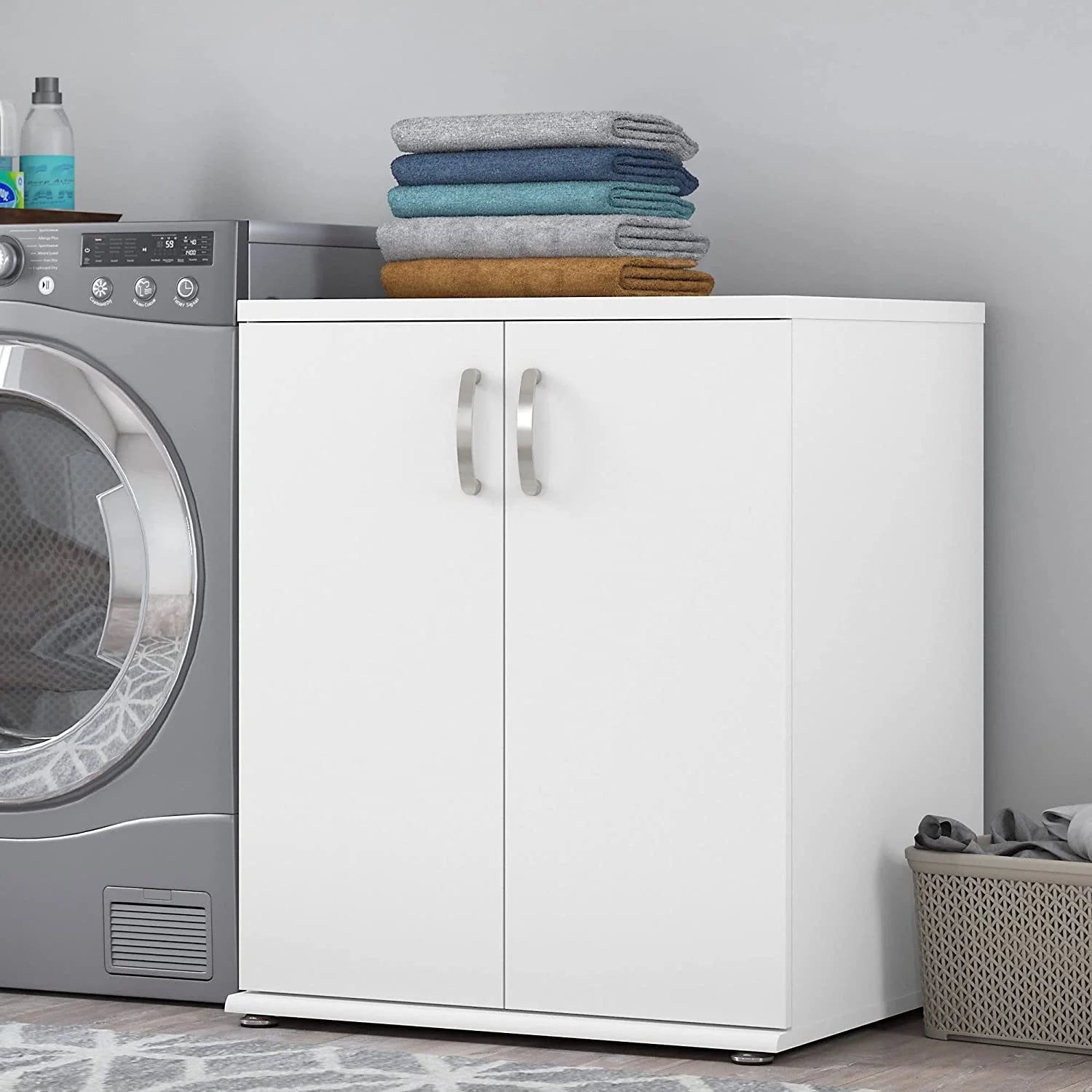 Universal Laundry Room Cabinet with Doors in White, Engineered Wood X203
