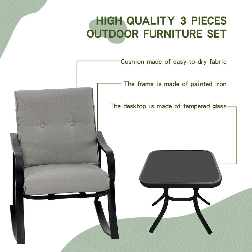 SOLAURA 3-Piece Outdoor Rocking Chairs Set with Cushions & Glass Table X314