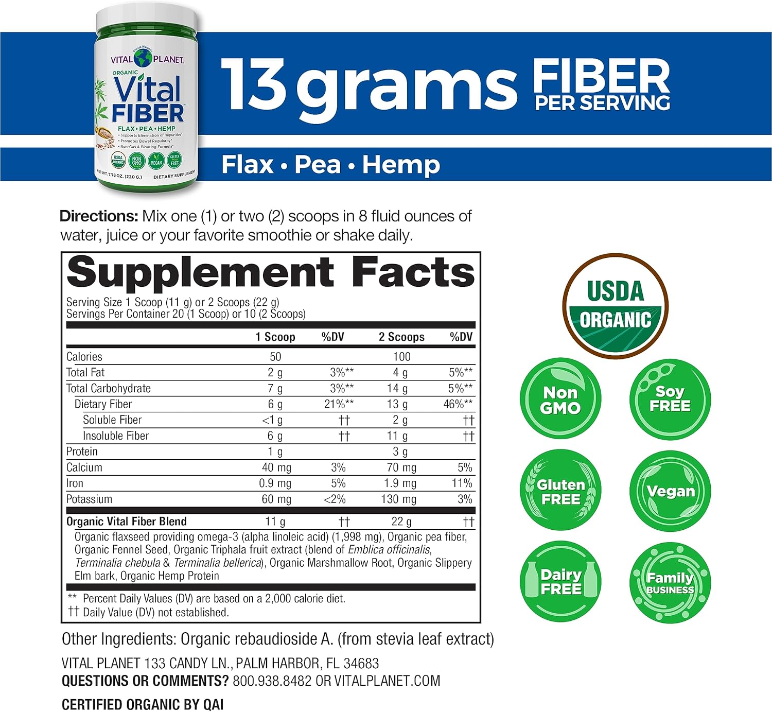 Vital Planet Vital Fiber Powder Organic Supplement with Flax, Pea and Hemp, 7.76 oz U37306