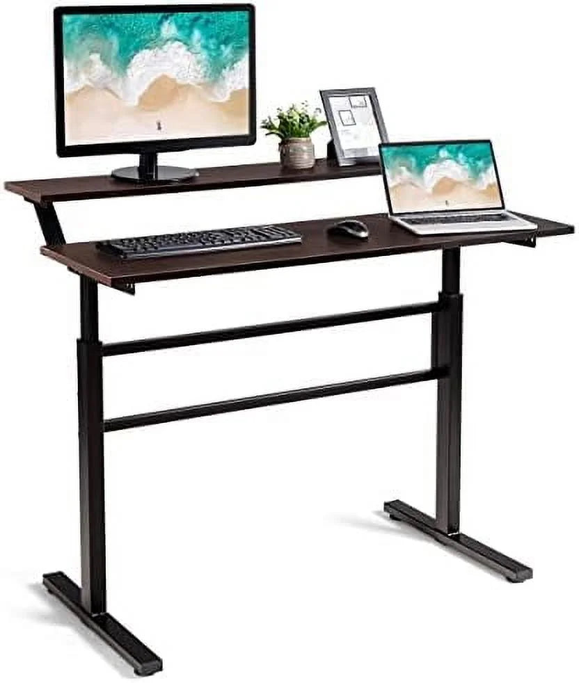 HJZBNONE Standing Desk 2-Tier Adjustable Computer Workstation with Monitor Stand, Brown U316573