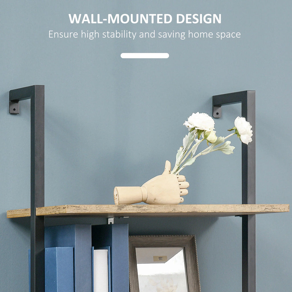 HOMCOM Industrial 5 Tier Wall Mount Ladder Shelf Bookcase, Brown W178352