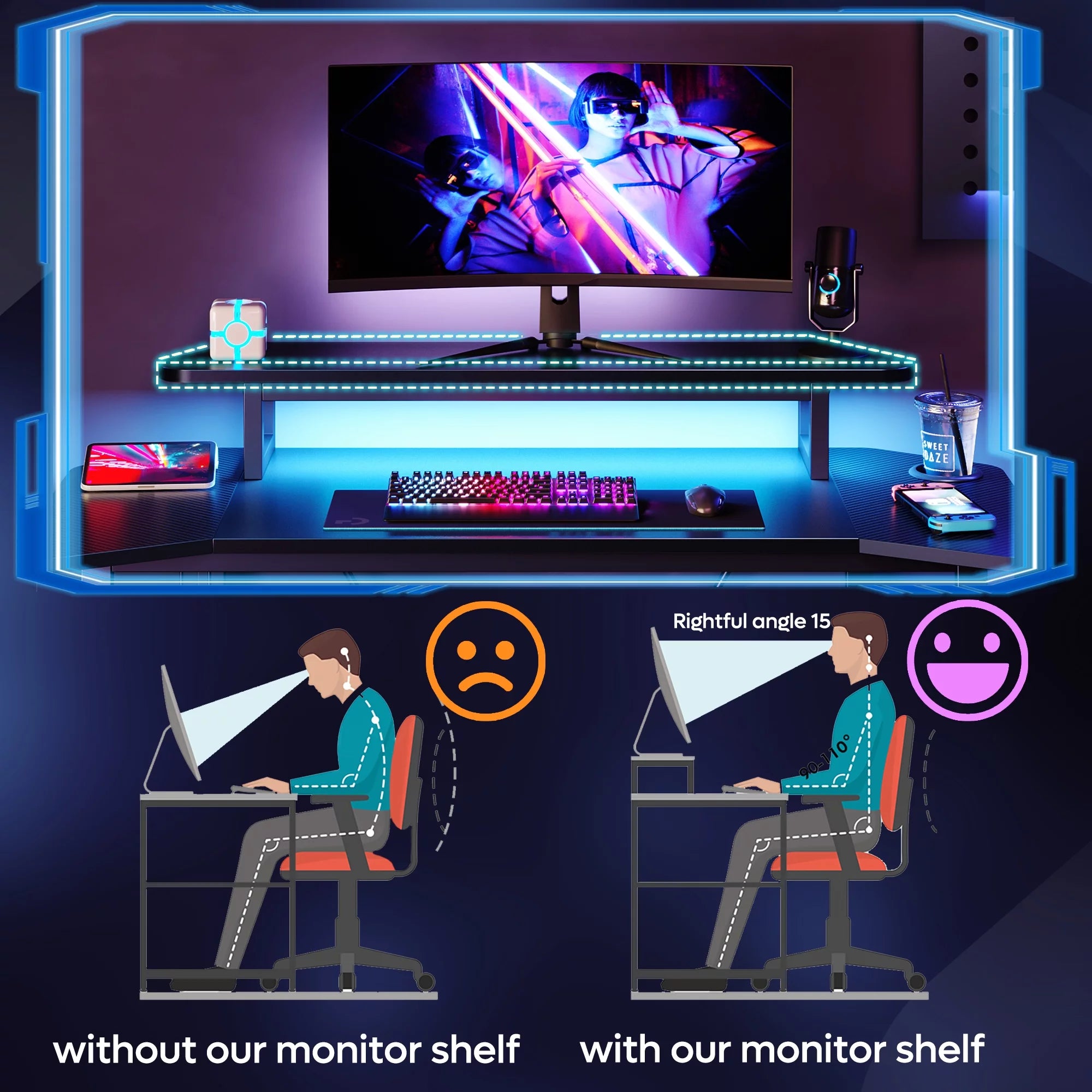Bestier Gaming Desk 50 Inch PC Computer Desk with LED Lights, Black K61229