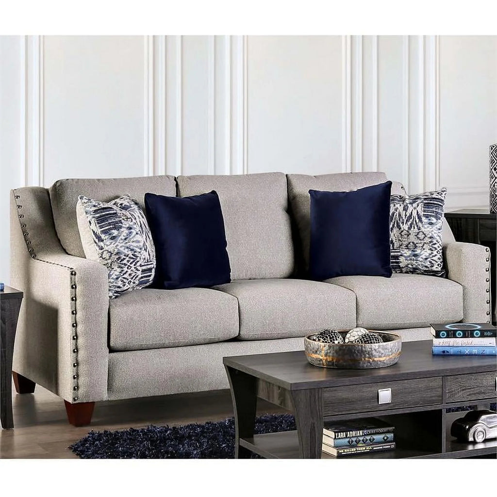 Furniture of America Brill Transitional Fabric Nailhead Sofa Light Gray T22777