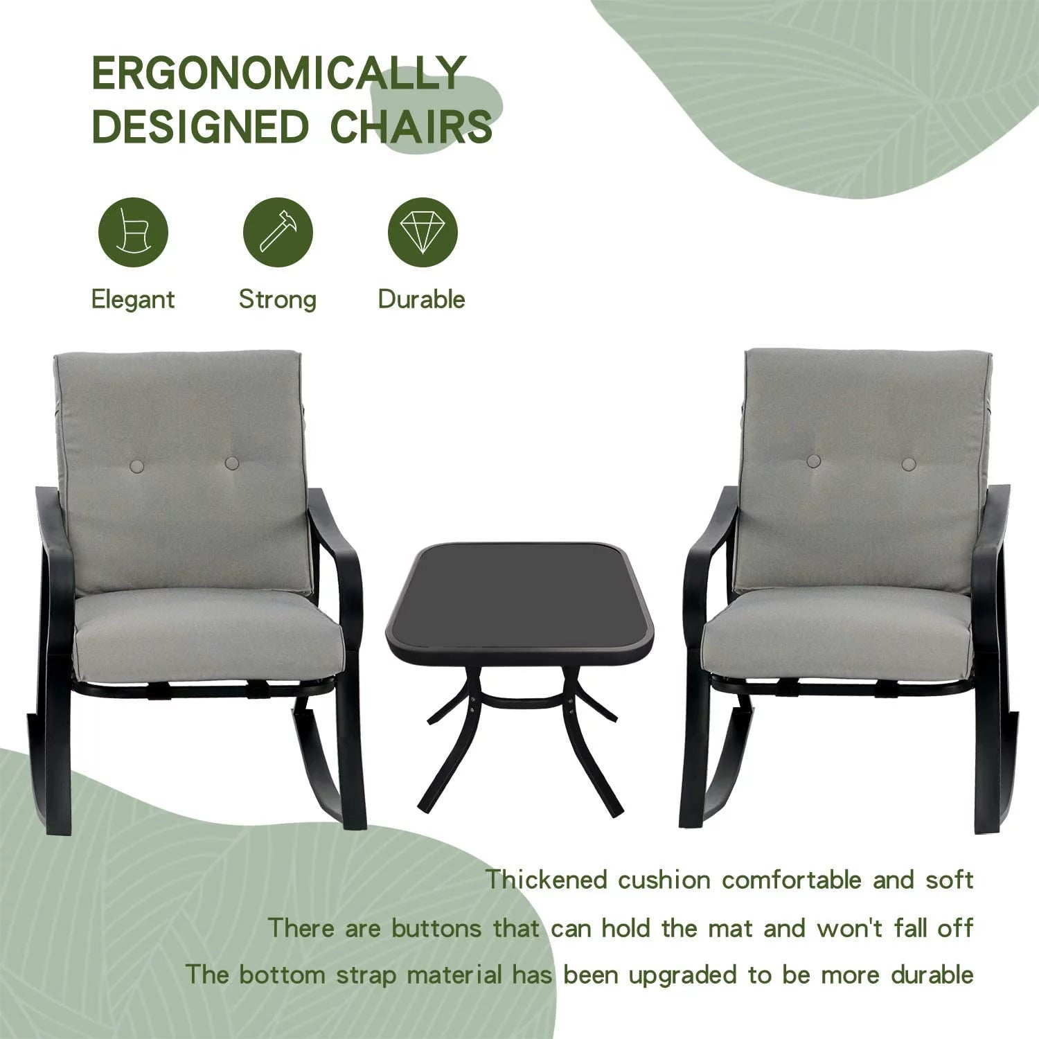 SOLAURA 3-Piece Outdoor Rocking Chairs Set with Cushions & Glass Table X314