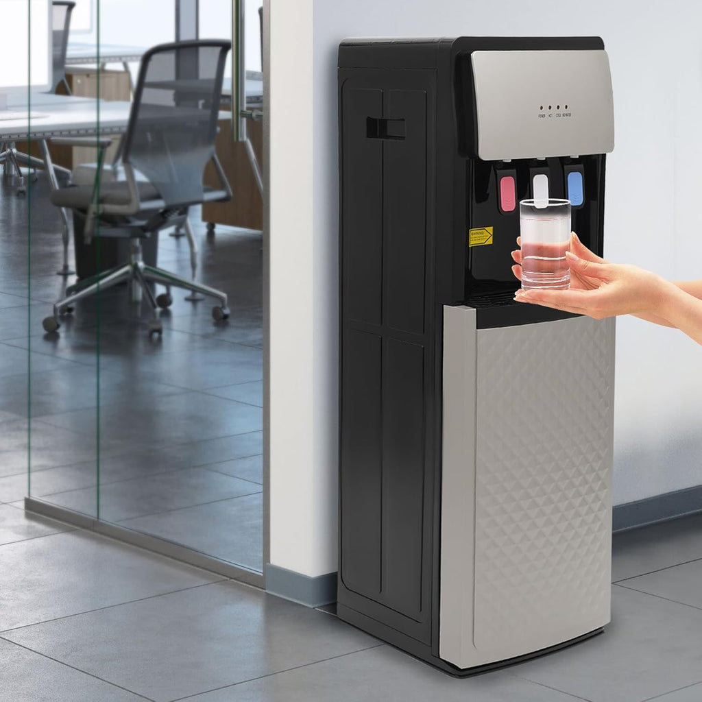 Bottom Loading Water Cooler Dispenser Hot Cold with Storage Cabinet Child Safety Lock Silver Grey P503862