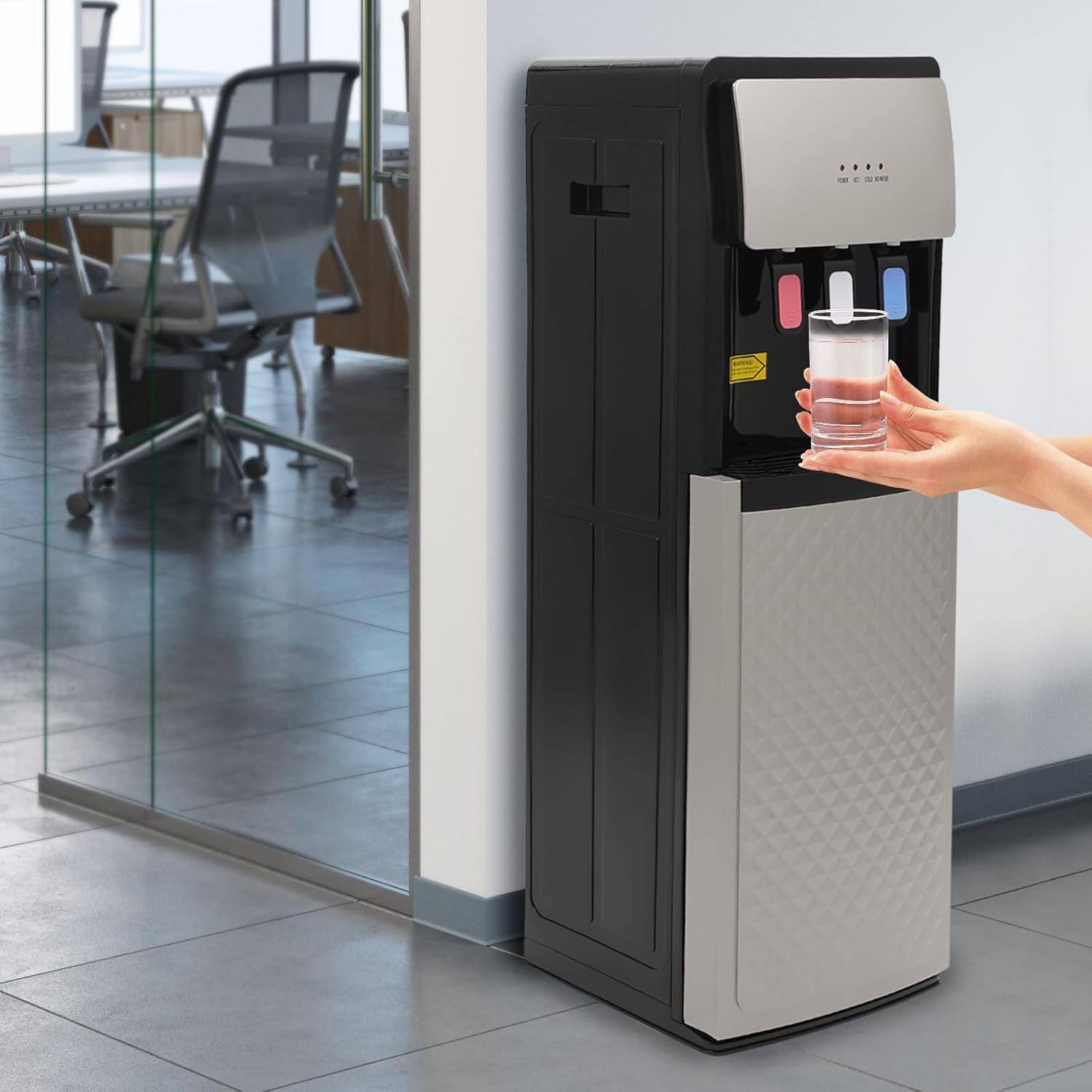 Bottom Loading Water Cooler Dispenser Hot Cold with Storage Cabinet Child Safety Lock Silver Grey P503862