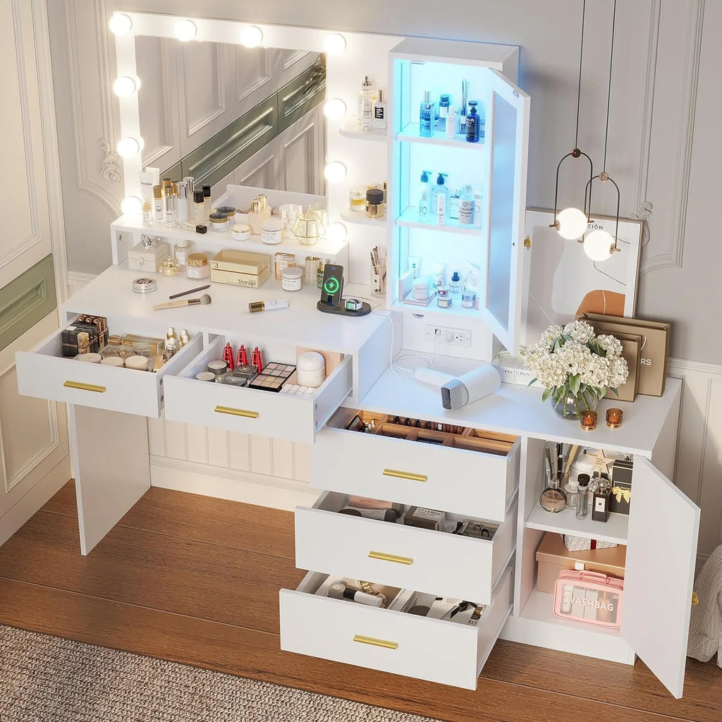 AOGLLATI Vanity Desk with Drawers, Mirror & Charging Station, White I152746