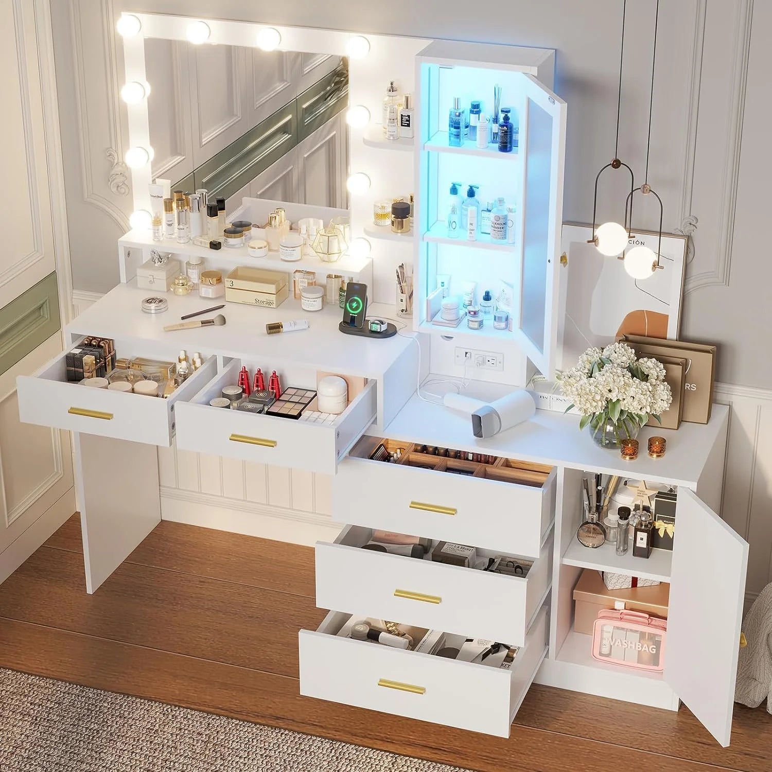 AOGLLATI Vanity Desk with Drawers, Mirror & Charging Station, White I152746