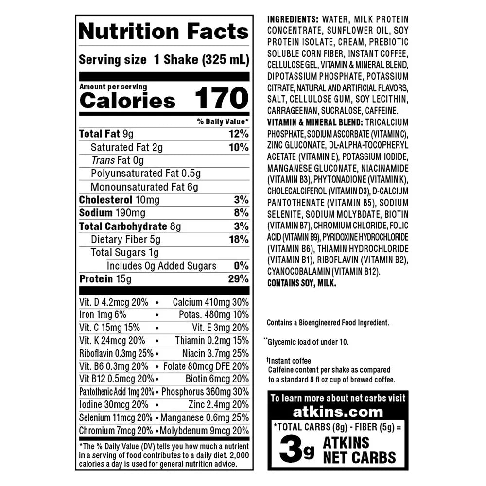 Atkins Gluten Free Protein Shake, Café Au Lait, 15 pk. D862