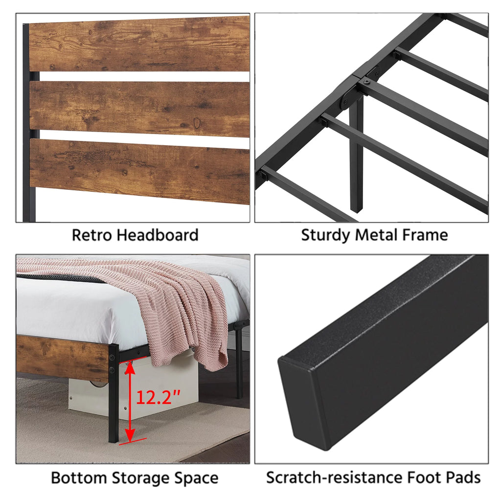 VECELO Twin Bed Frame with Wooden Headboard, Metal Slats, Brown L2211
