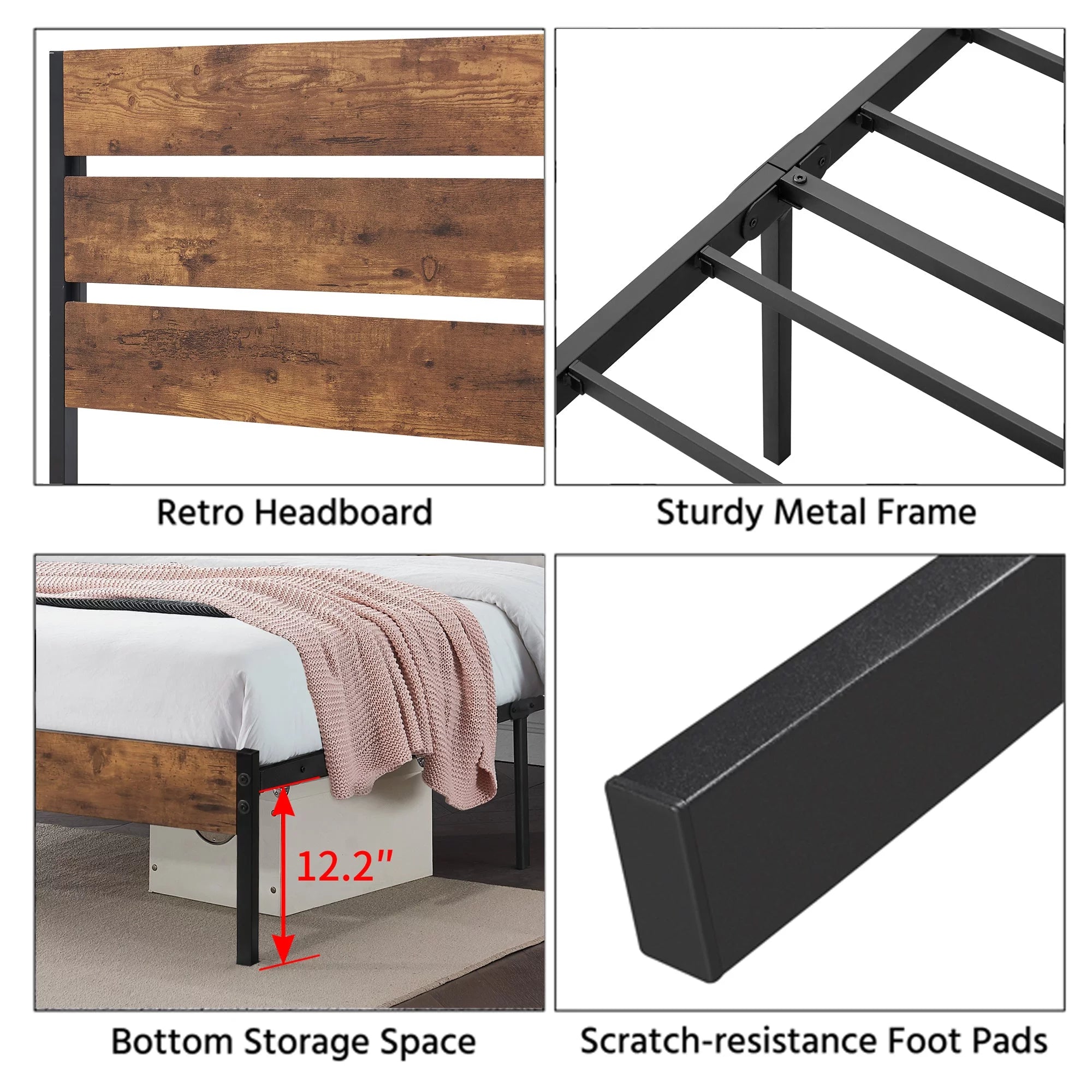 VECELO Twin Bed Frame with Wooden Headboard, Metal Slats, Brown L2211