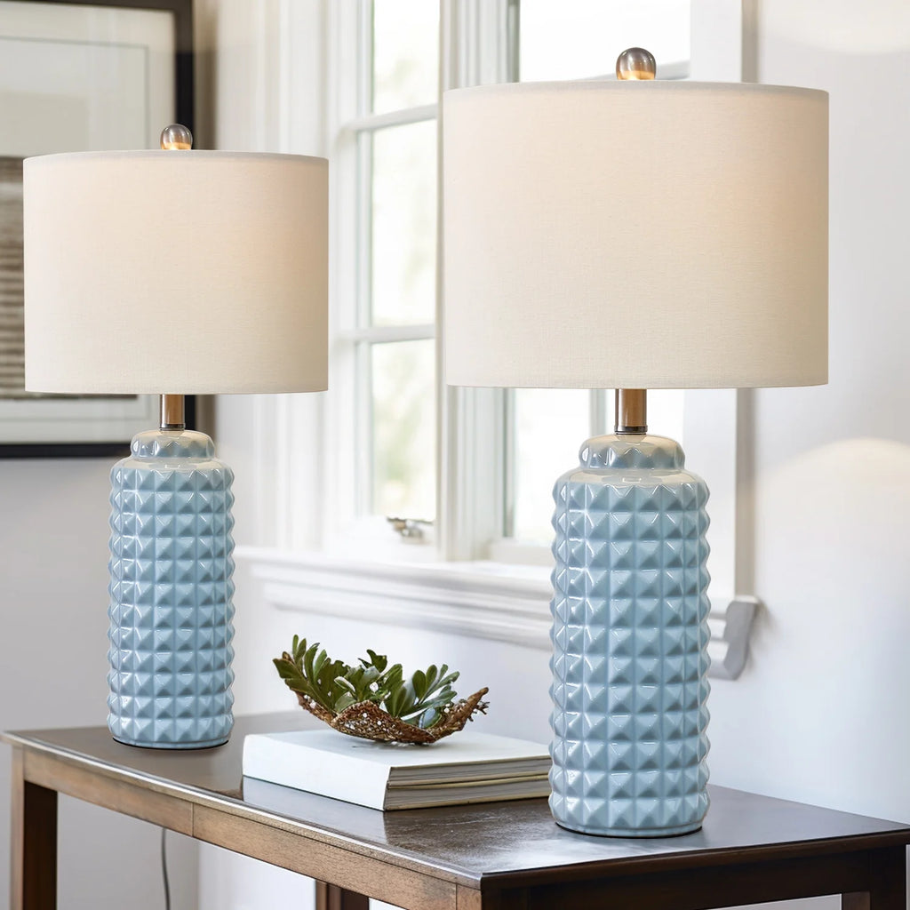 Oneach Contemporary Ceramic Table Lamp for Living Room Bedroom Light Blue 24.5" Bedside Nightstands Set of 2 Lamp