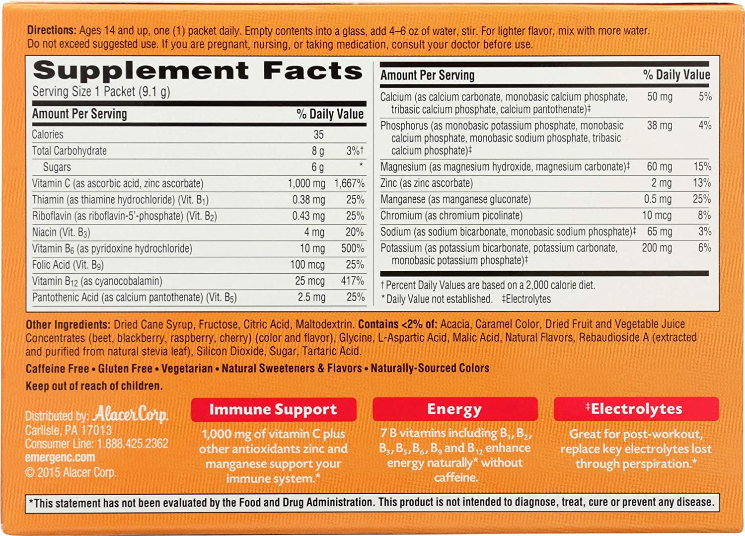 Raspberry Vitamin C Powder Drink Mix with B Vitamins and Electrolytes, 30 Count O820344