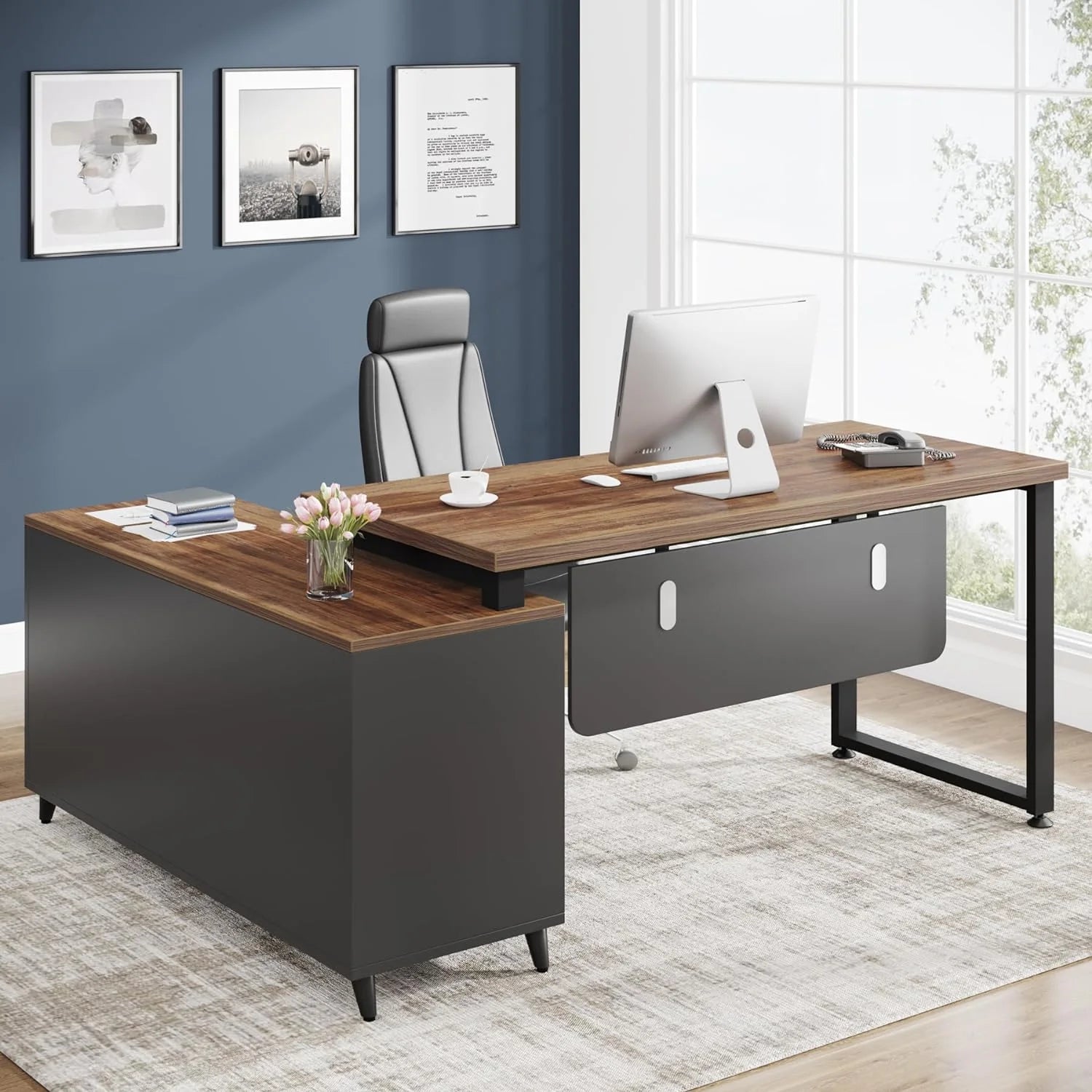 L Shaped Desk with File Drawer, 55 Inch Executive Office Desk T816