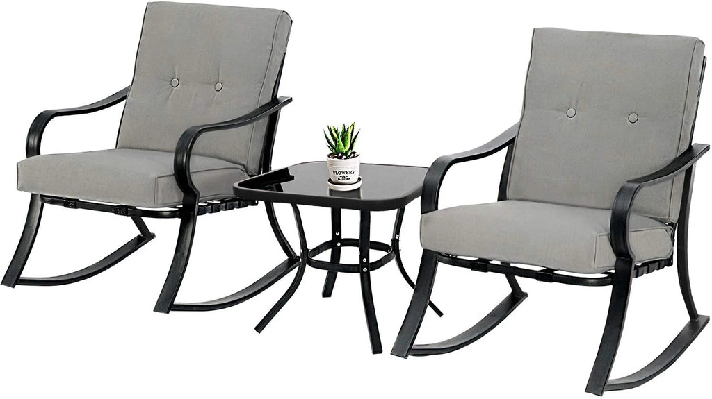 SOLAURA 3-Piece Outdoor Rocking Chairs Set with Cushions & Glass Table X314
