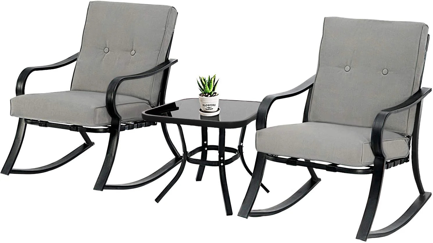 SOLAURA 3-Piece Outdoor Rocking Chairs Set with Cushions & Glass Table X314