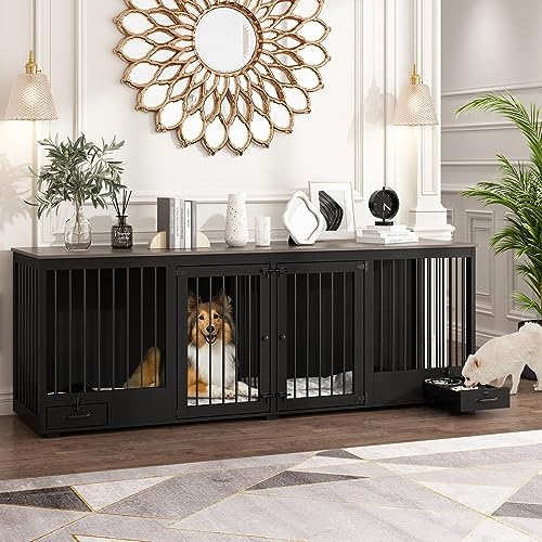 Furniture Style Large Dog Crate for 2 Dogs, 86.6" Heavy Duty Wooden Dog Kennel with Dog Bowl Drawers & Divider, Indoor Furniture Style Dog Kennel for Large Medium Dogs, Black