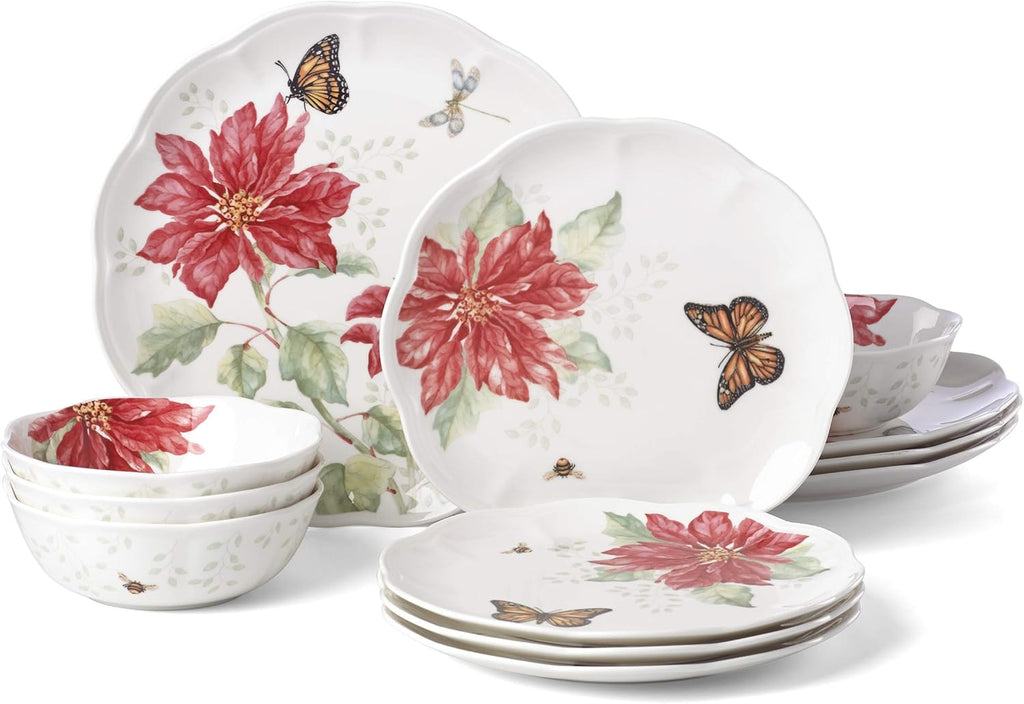 Lenox Butterfly Meadow Christmas Poinsettia 12 Piece Dinnerware Set