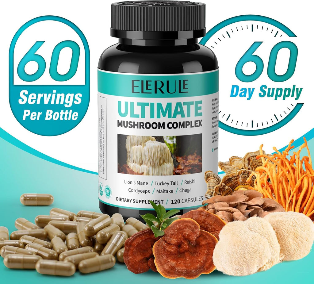 6 in 1 Mushroom Supplement with Lions Mane, Reishi, Cordyceps, Chaga, Turkey Tail, Maitake - 120 Capsules U8605