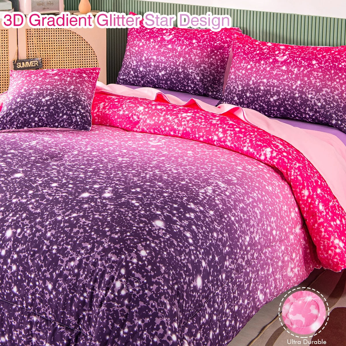 PERFEMET Twin Gradient Pink Purple Glitter Comforter Set for Girls G137325