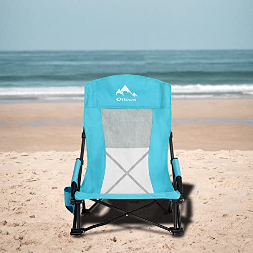 Oileus Folding Portable Beach Chair, High Back Low Seat, Full Mesh, Cup Holder, 2 Pcs F5653