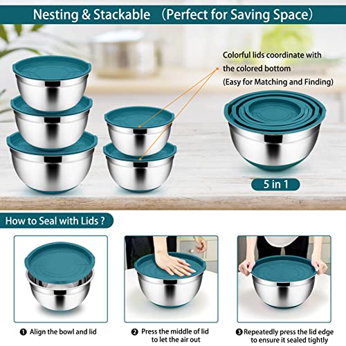 TeamFar Mixing Bowls with Lids Set, Stainless Steel, 5-Piece (Black) I8780