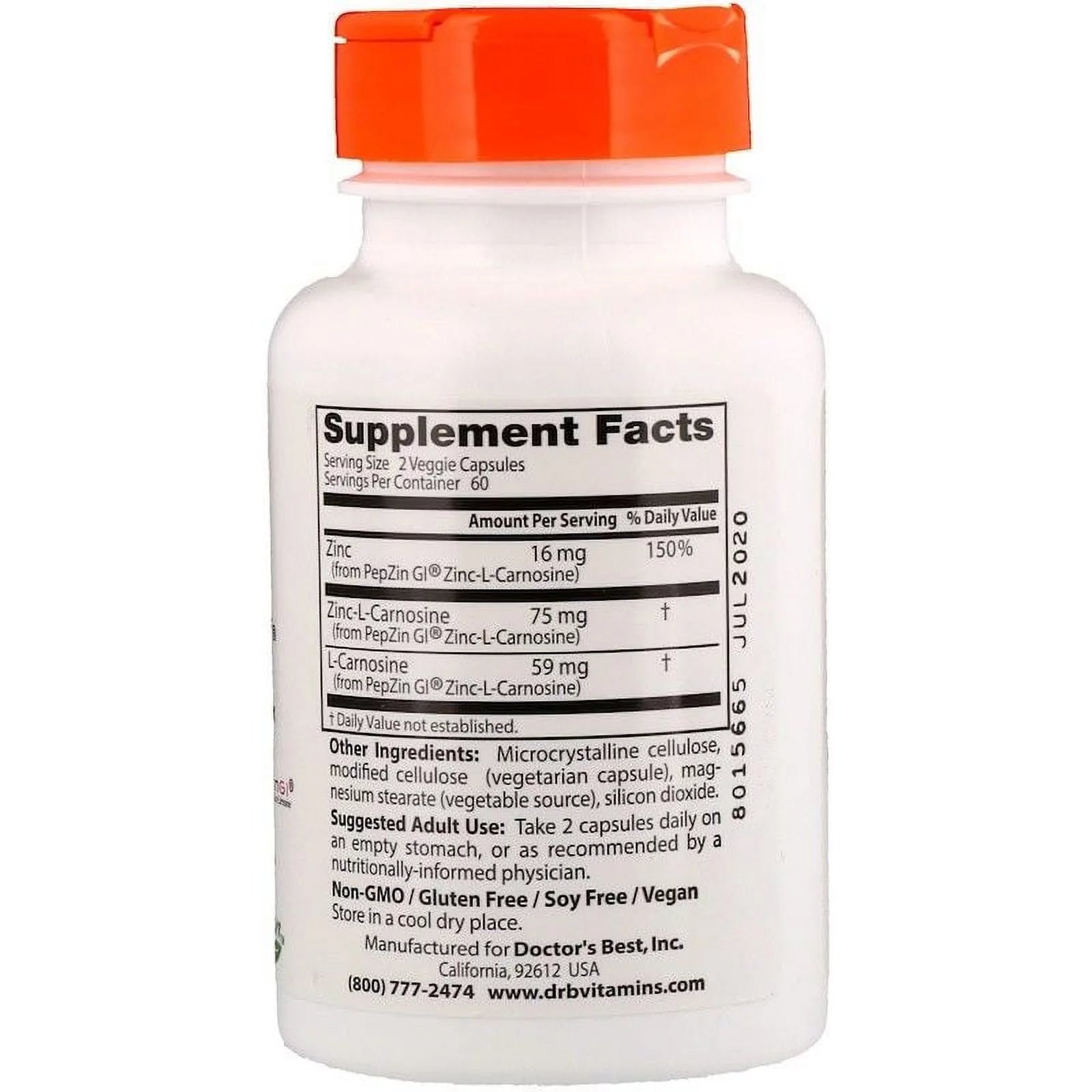 Doctor's Best PepZin Gl Zinc-L-Carnosine Complex 120 Veggie Capsules 2 Packs L449