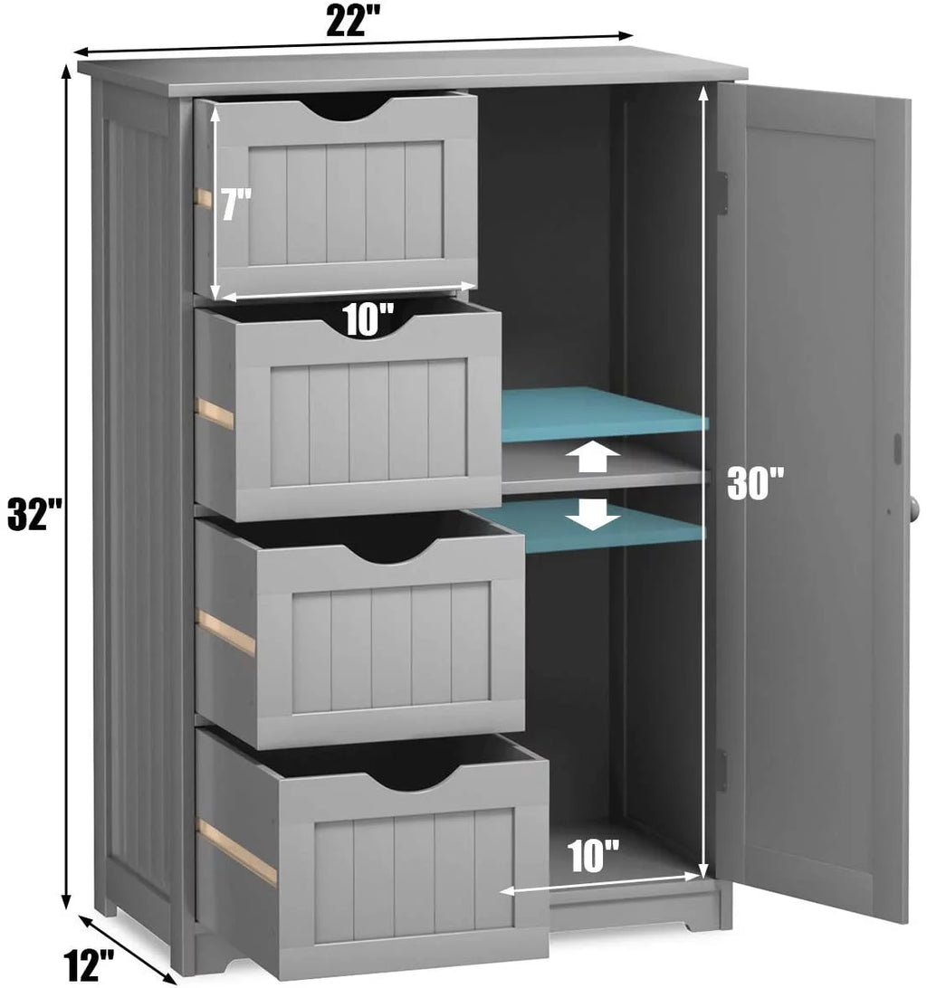 Freestanding Bathroom Storage Cabinet with 4 Drawers and Cupboard, Gray E602183