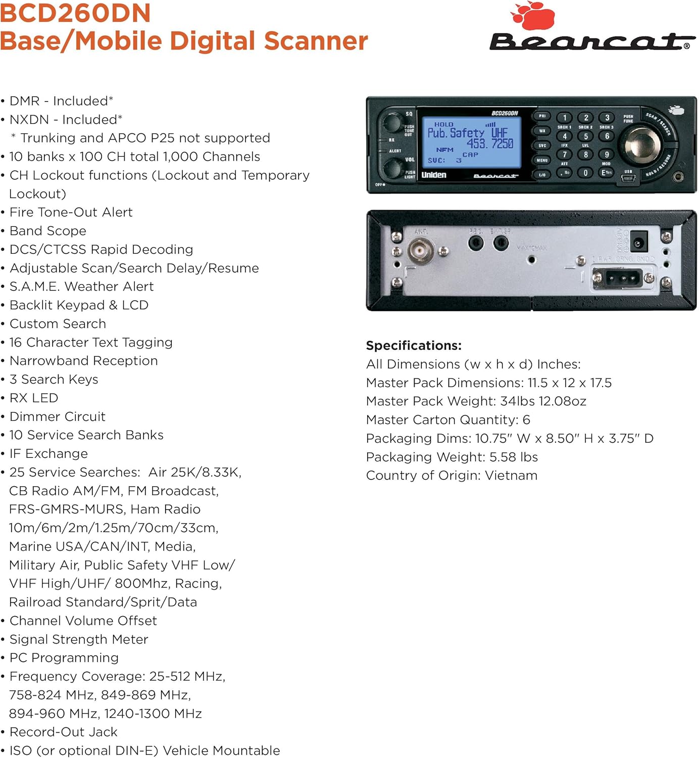 Uniden Bearcat BCD260DN Base/Mobile Digital Scanner A102878