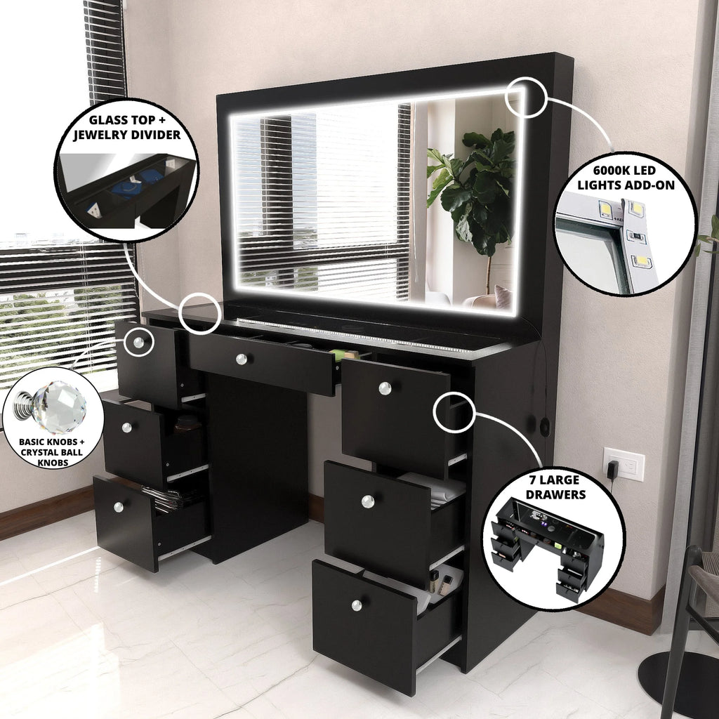 Boahaus Seraphine Modern Black Vanity Desk with LED Lights and Mirror I41173