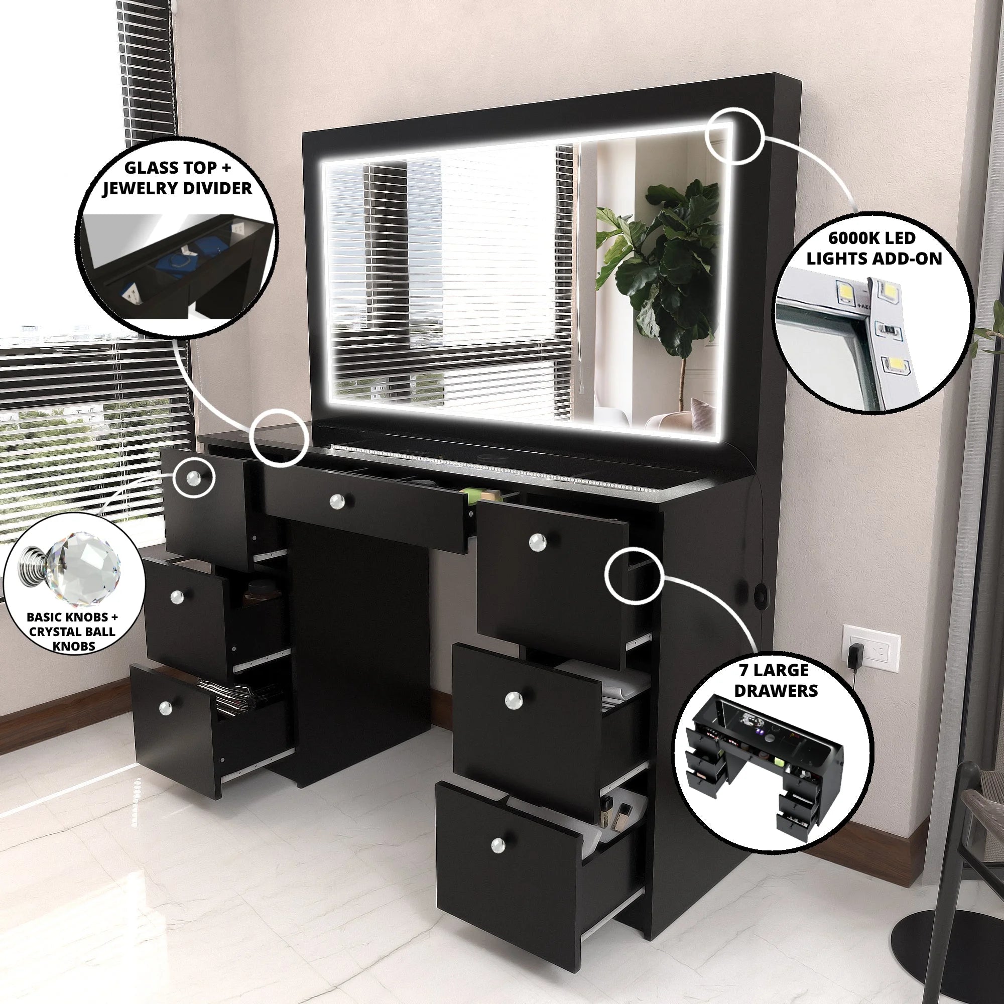 Boahaus Seraphine Modern Black Vanity Desk with LED Lights and Mirror I41173