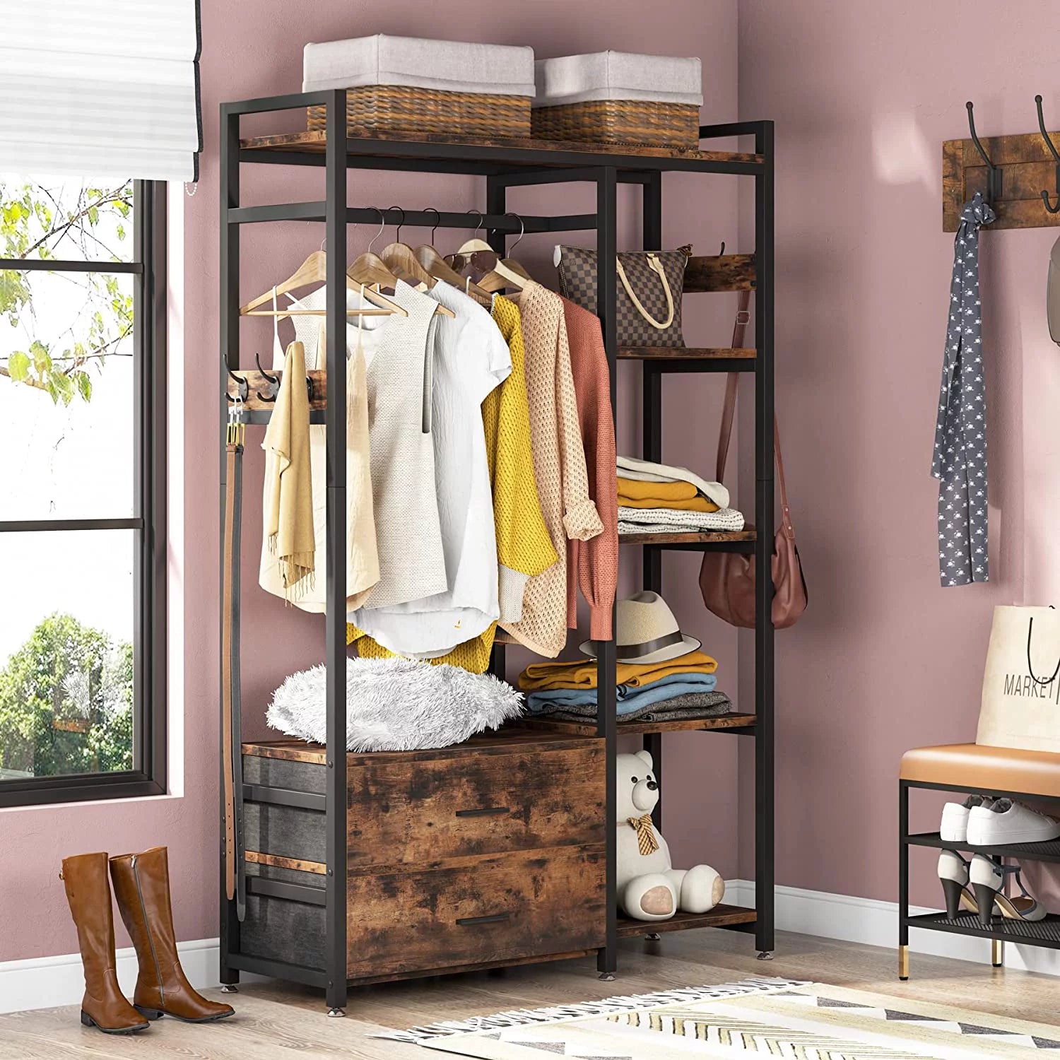 Tribesigns Freestanding Closet Organizer with Drawers and Shelves, Rustic Brown F28099