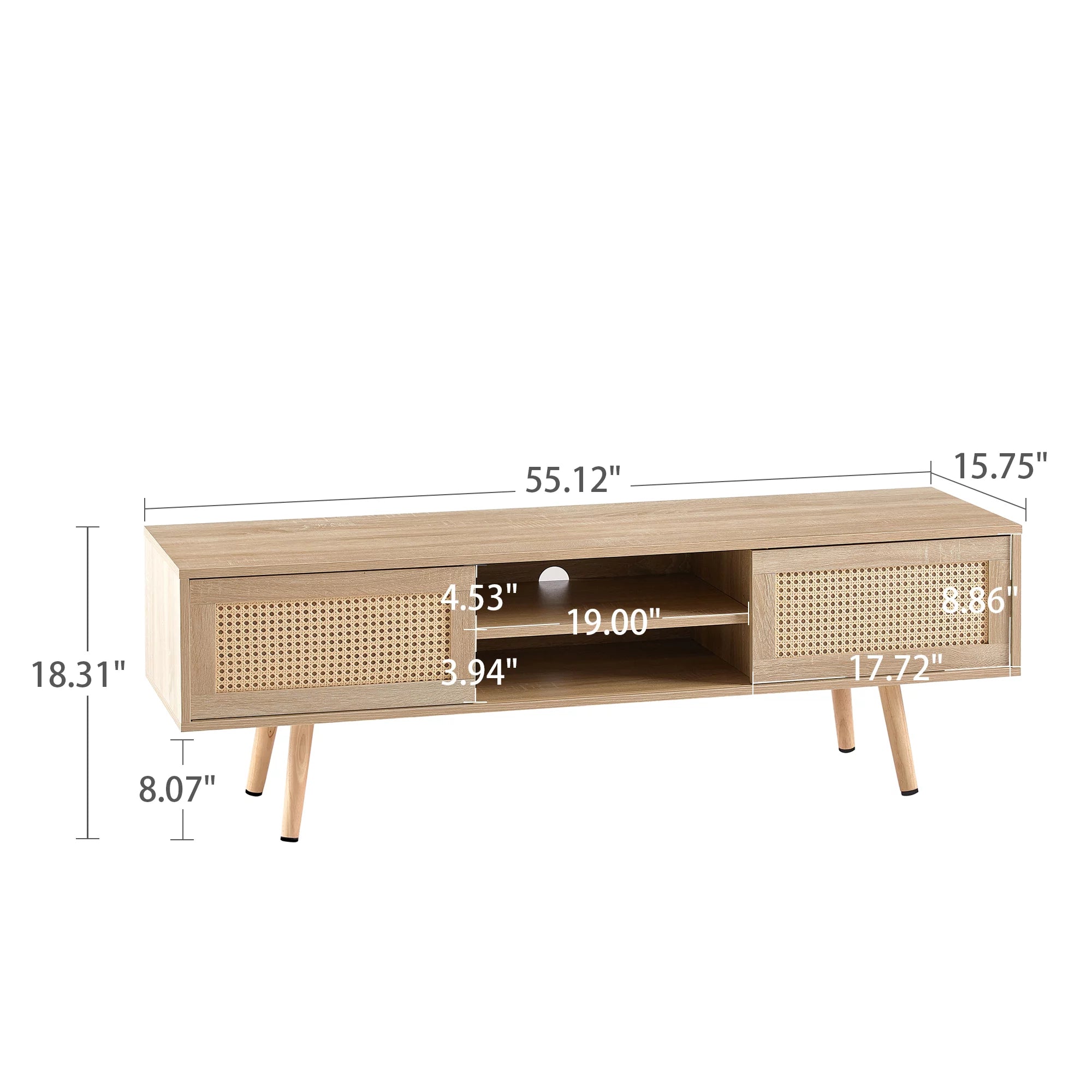 KUUFER 55" Rattan TV Stand, Solid Wood TV Cabinet with 2 Sliding Doors Z50259