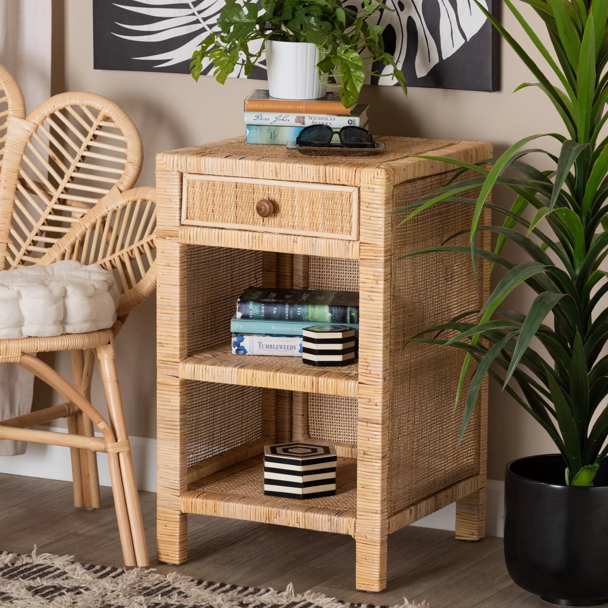 Bella Modern Bohemian Natural Brown Mahogany Wood Rattan 1-Drawer Nightstand F9210