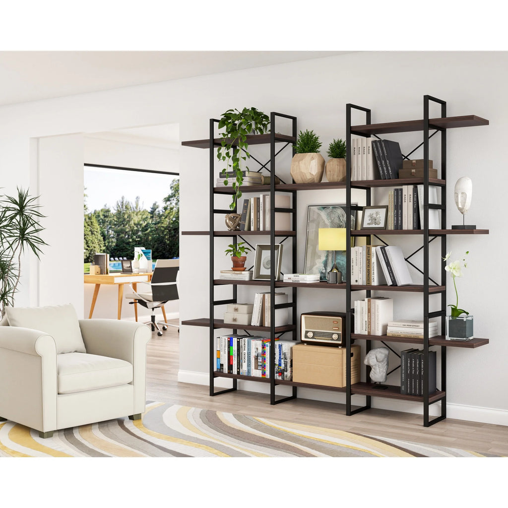 Davee Dark Walnut Color 6-Tiers Industrial Style Bookcase - 85" H x 94.5" W x 12.6" D