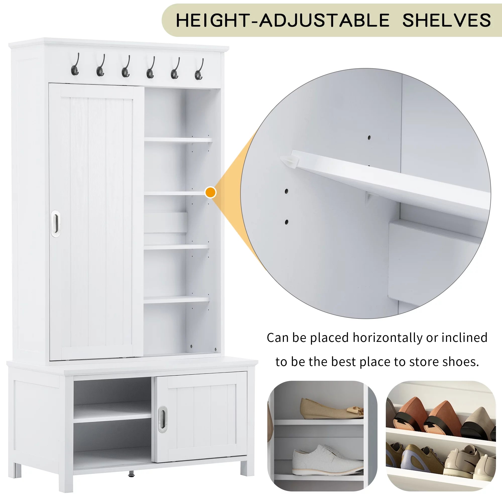 CoSoTower Hall Tree with Sliding Doors and Storage Bench, White H76310