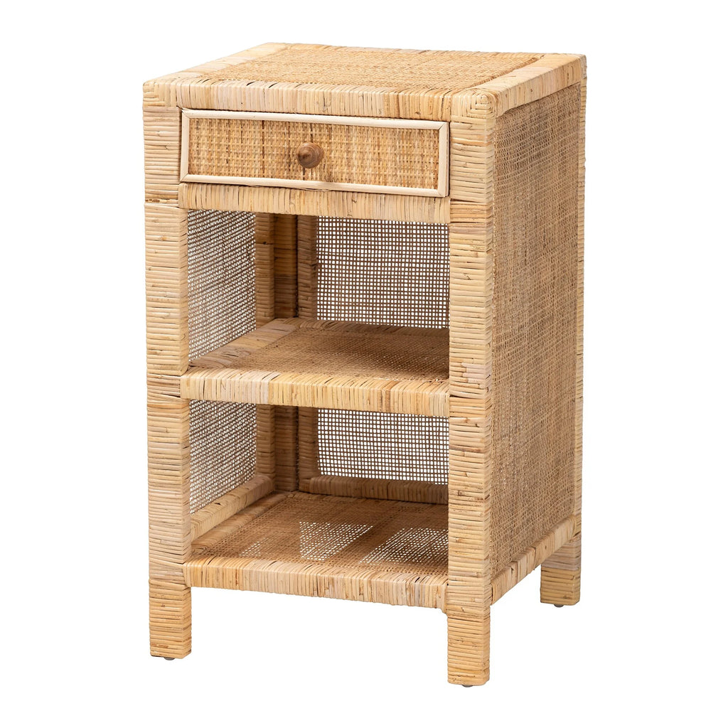 bali & pari Bella Modern Bohemian Natural Brown Mahogany Wood and Natural Rattan 1-Drawer Nightstand