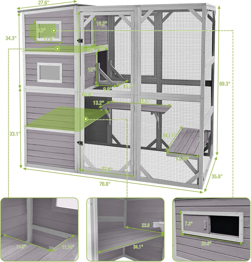 Large Catio Kitty House with 4 Tiers, Waterproof Roof, 77 Inch I334