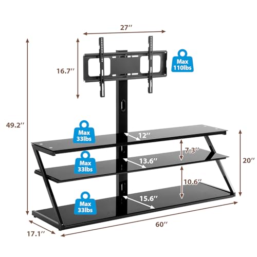 Universal Floor TV Stand with Tempered Glass, Height Adjustable and Swivel H985