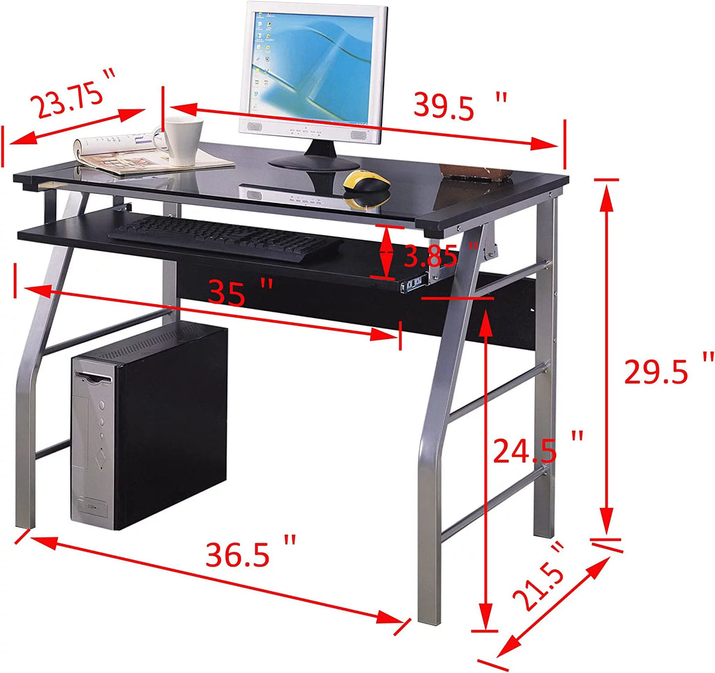 RUNFAYBIU King's Brand Metal and Glass Top Computer Desk, Silver Finish E403984