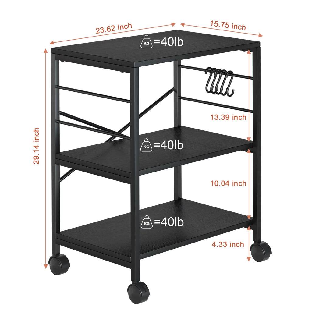Cheflaud Kitchen Microwave Cart, 3-Tier Vintage Rolling Bakers Rack with 5 Hooks V151