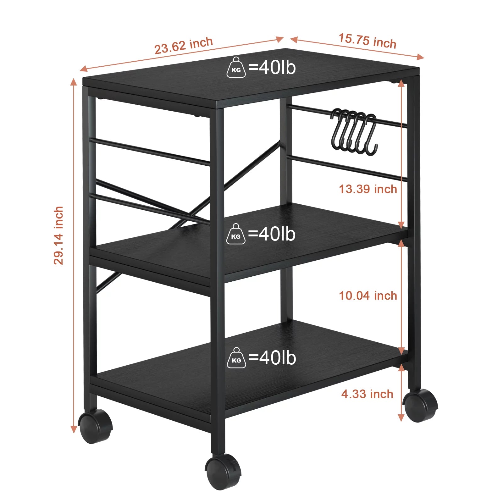 Cheflaud Kitchen Microwave Cart, 3-Tier Vintage Rolling Bakers Rack with 5 Hooks V151